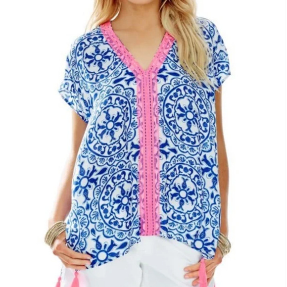 LILLY PULITZER Sydney Caftan Top Blue Floral Sleeveless Vacay - Picture 3 of 11